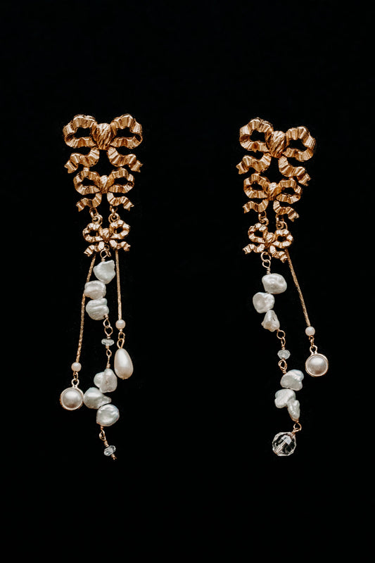 Vintage Gold Bow Posts with Pearl Fringe