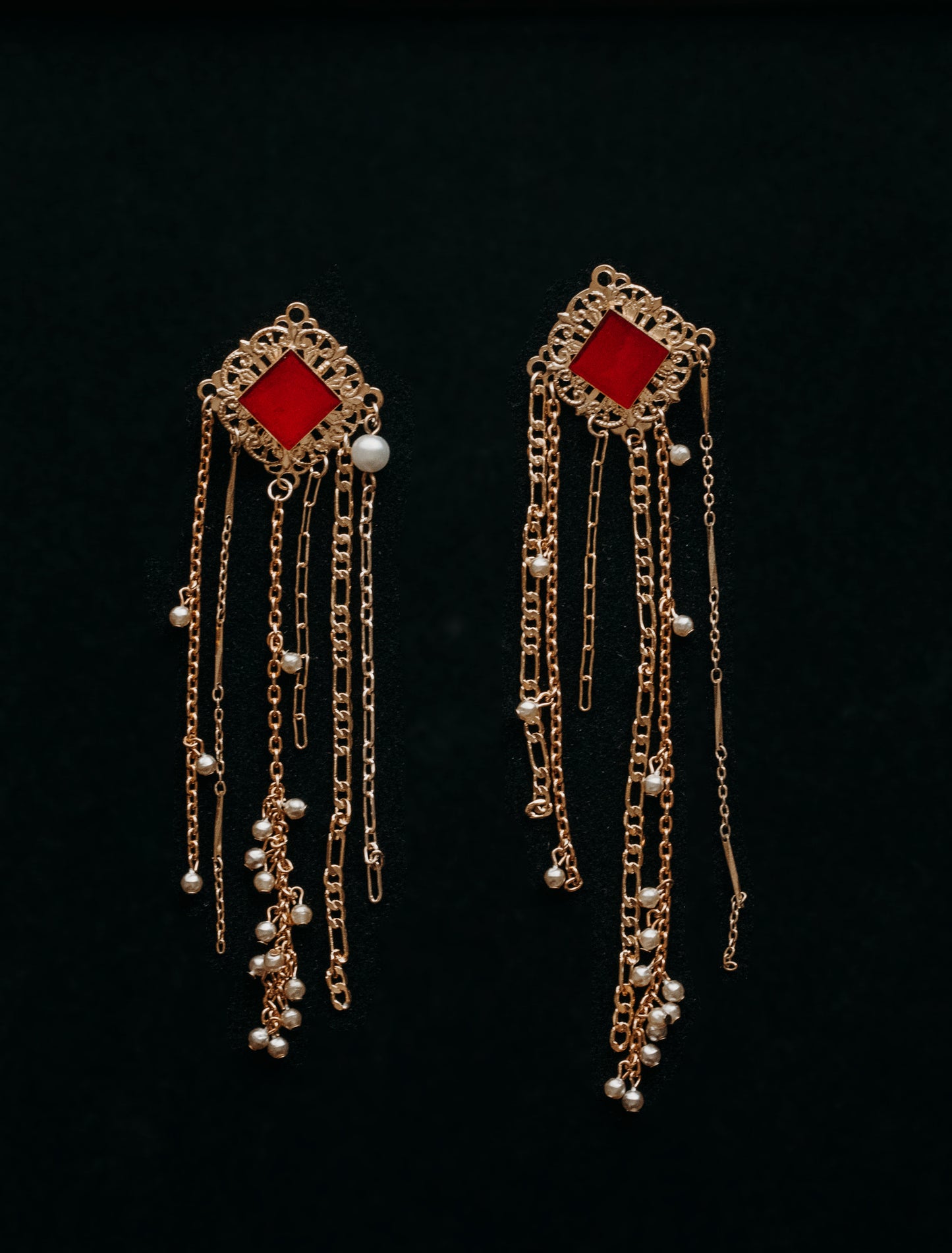 Vintage Ruby with Gold Pearl Fringe Posts